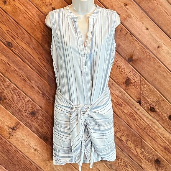DREW Linen Striped Sleeveless Mini Dress Pullover Medium White Blue Anthro - Picture 1 of 13